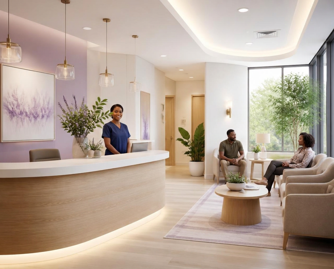 A receptionist welcoming patients in the bright HealthNest Medical reception and waiting area