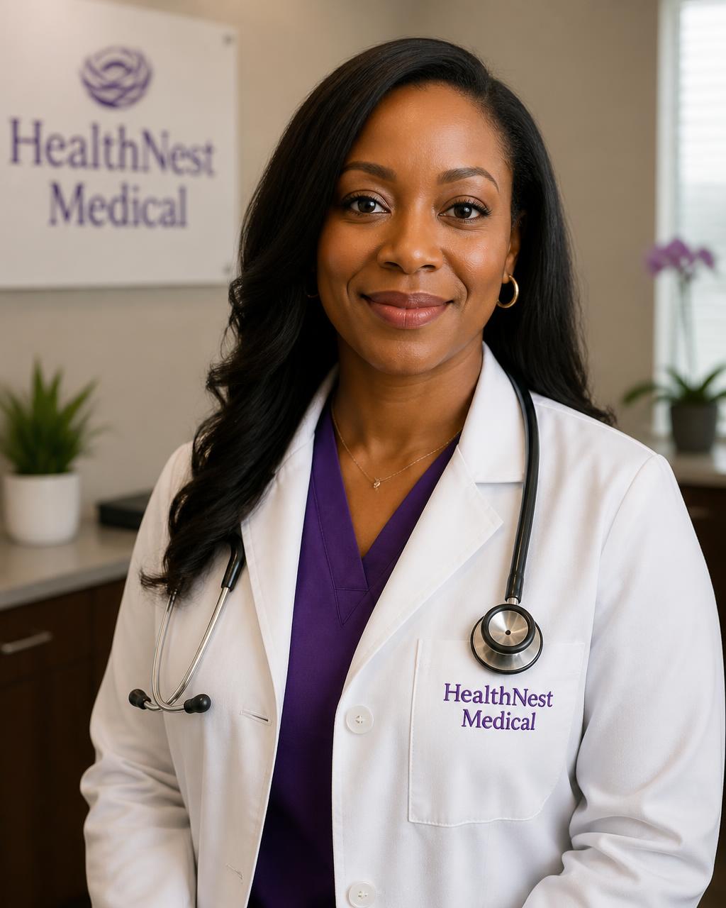 A Black female HealthNest Medical primary care physician in a white lab coat and purple top with a stethoscope